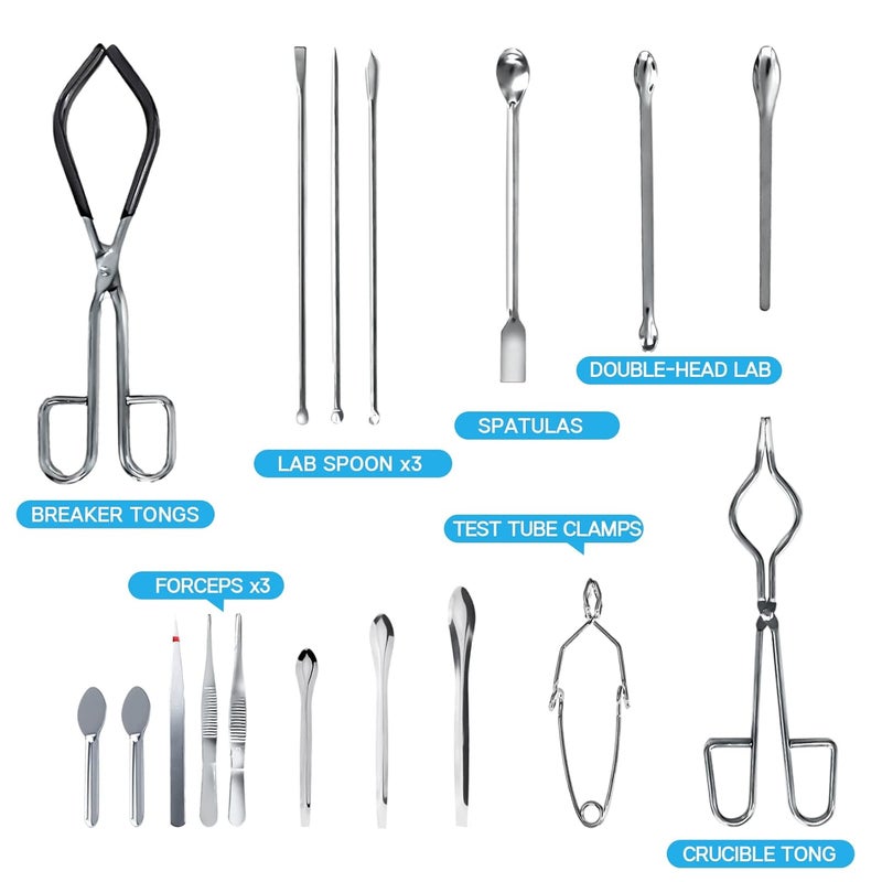 MSSVIGING Scientific Lab Tools Pack for Basic Starter, Chemistry Set - Crucible Tongs Lab Spatula Scoop U-Shape Spoon Test Tube Clamps Stainless Steel Forceps Tweezers - Image 3